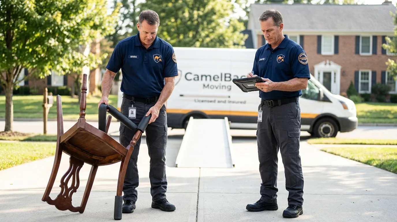Movers inspecting furniture for damage prevention before loading in Swarthmore, PA