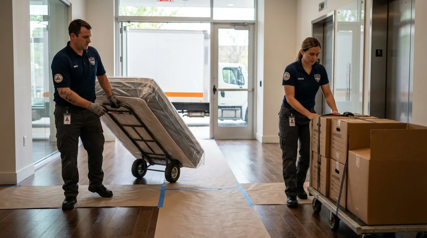 Professional apartment movers loading elevator in Swarthmore, PA